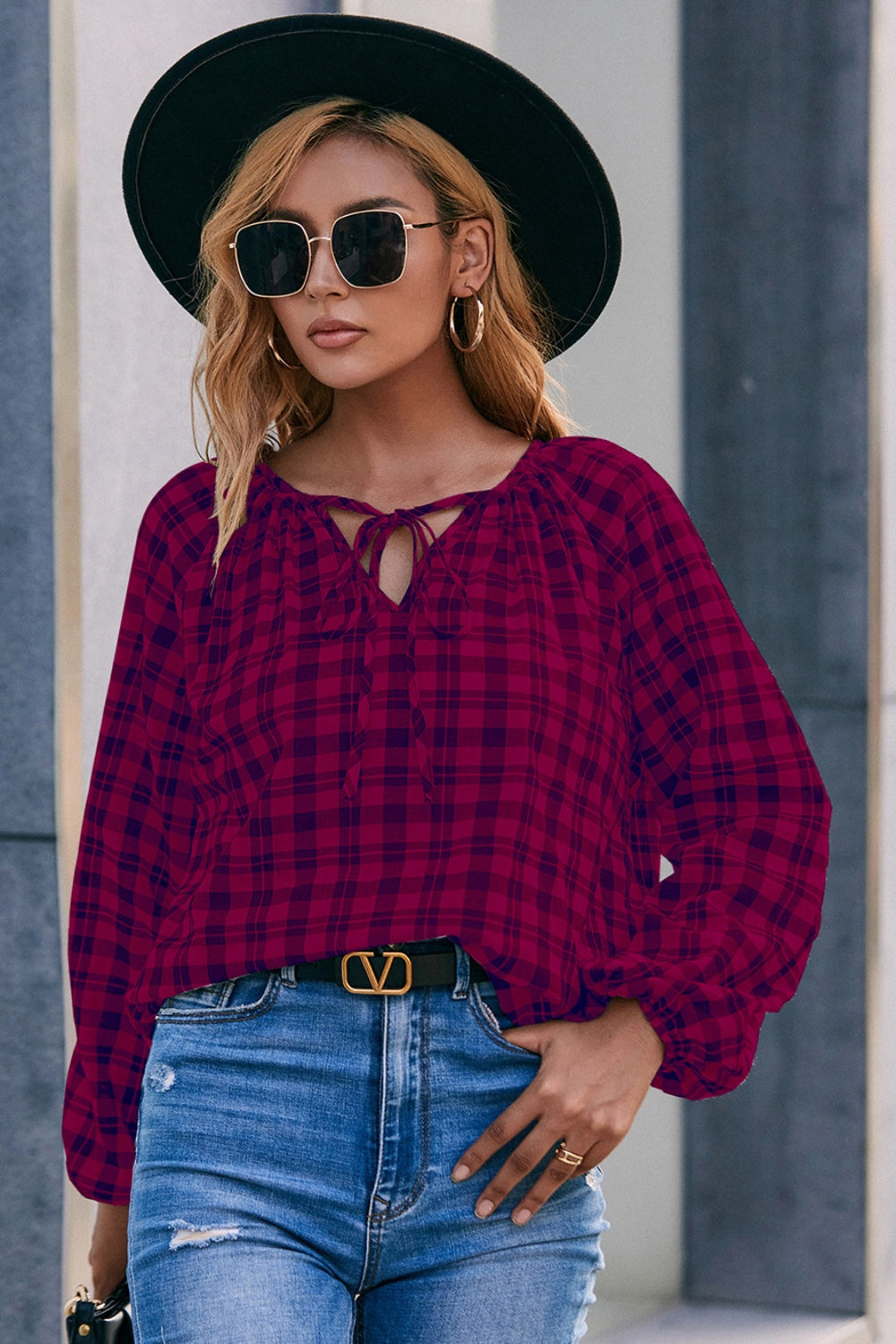 Ivy Lane Plaid Tie Neck Balloon Sleeve Blouse