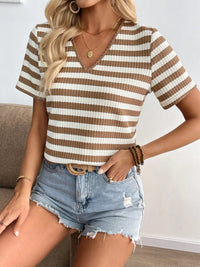 Striped V-Neck Short Sleeve T-Shirt