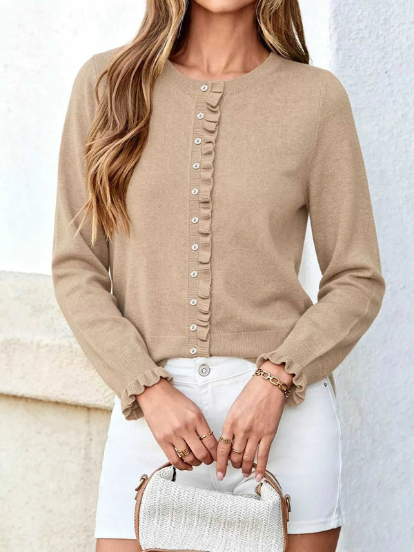 Ruffle-Trimmed Button-Down Knit Cardigan 101002281735681 69 Women's Sweaters and Knitwear Jerry's Apparel 
