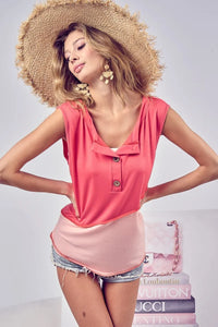 BiBi Color Block Contrast Stitching Buttoned Henley Top
