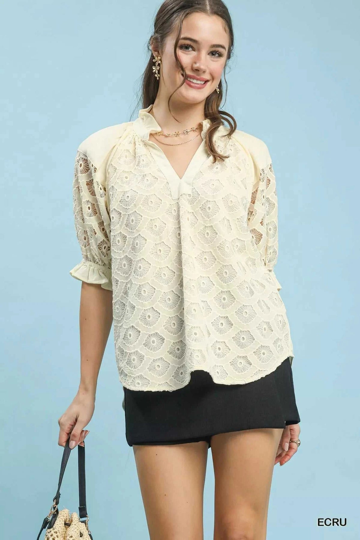 Umgee Linen V-Neck Lace Puff Sleeve Top 100100310791529 66 Affordable Fashion Under $100 Jerry's Apparel 