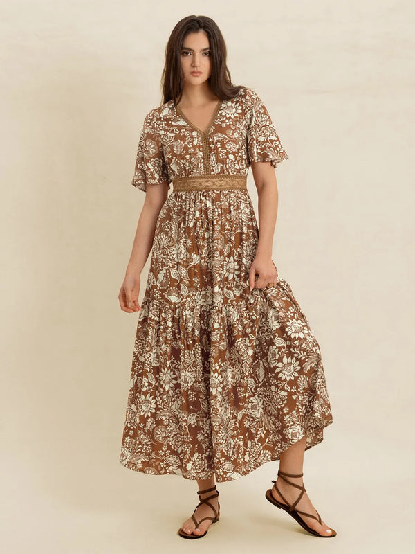 Lace Detail Printed Short Sleeve Midi Dress