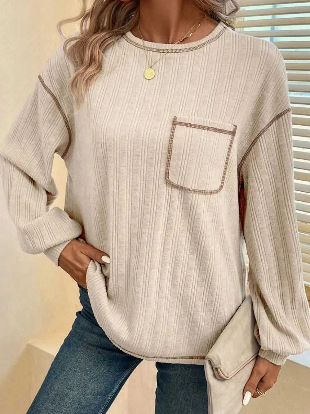 Mandy Contrast Stitching Round Neck Long Sleeve T-Shirt 100100832611725 32 Affordable Fashion Under $100 Jerry's Apparel 