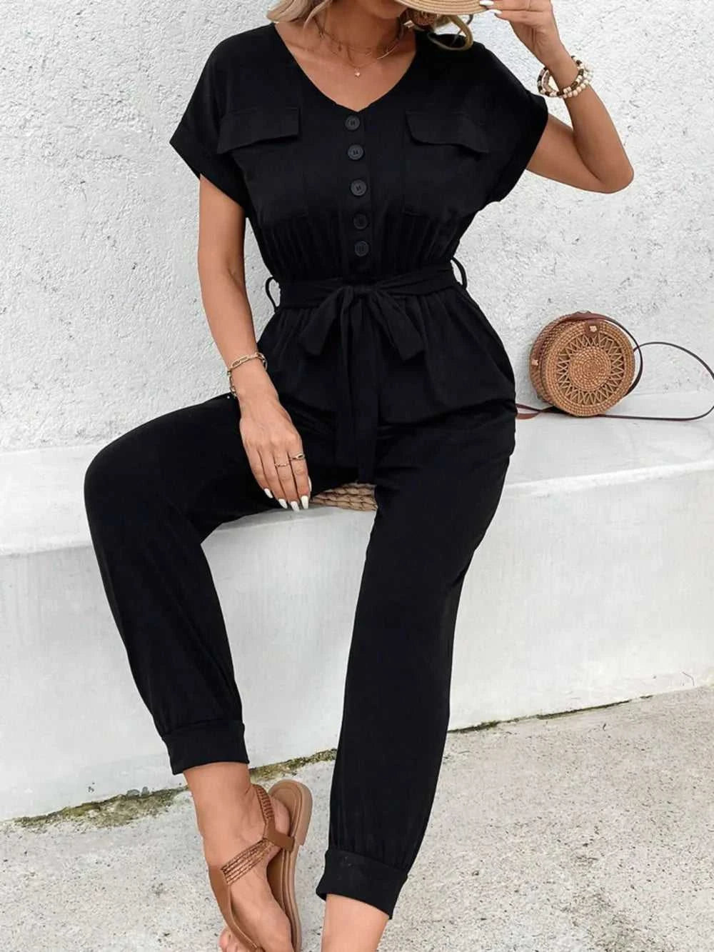Perfee V-Neck Short Sleeve Jumpsuit 100100199501090 43 Affordable Fashion Under $100 Jerry's Apparel 