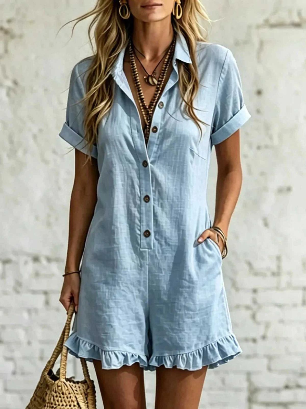 Full Size Button Front Ruffled Hem Romper Plus Size 100100561928017 28 Affordable Fashion Under $100 Jerry's Apparel 