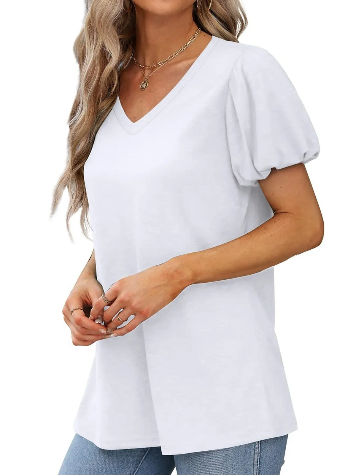 V-Neck Puff Sleeve Casual T-Shirt