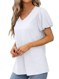 V-Neck Puff Sleeve Casual T-Shirt