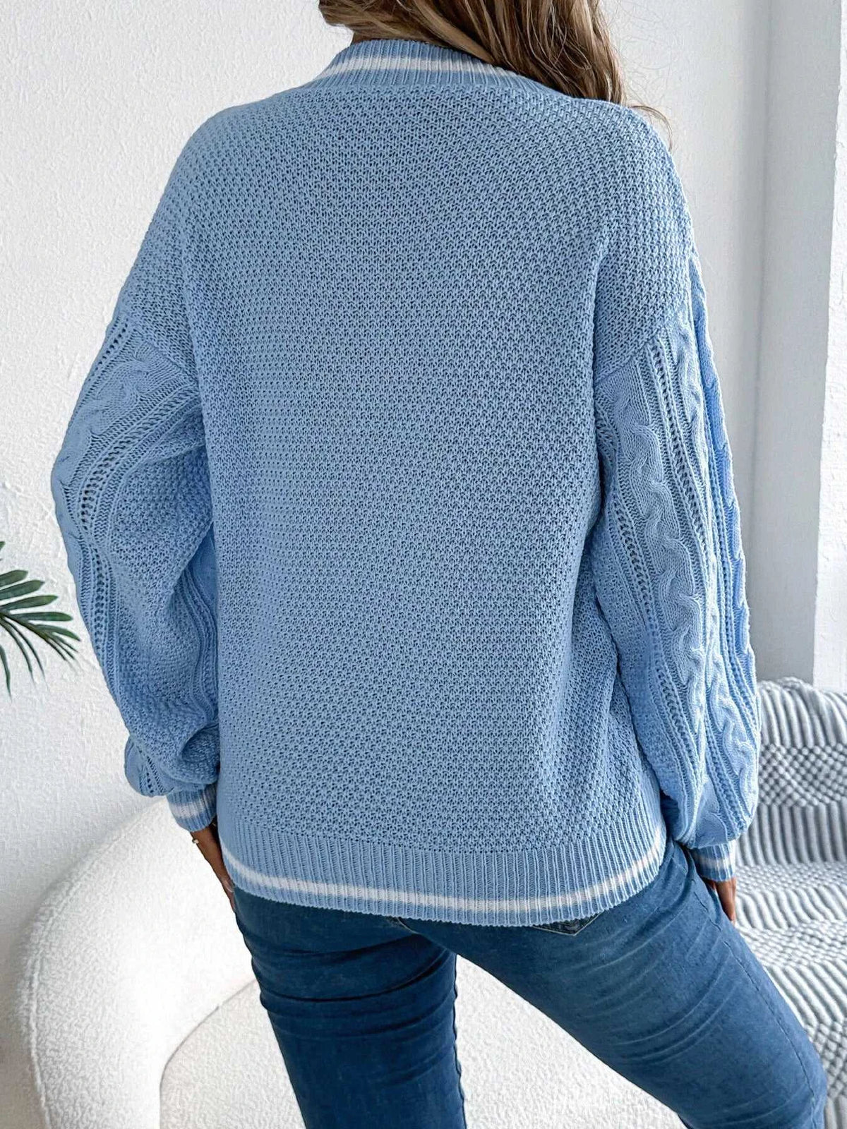 V-Neck Cable Knit Sweater with Striped Trim 101002502315459 35 Affordable Fashion Under $100 Jerry's Apparel 