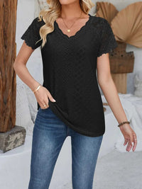 Eyelet Lace Detail V-Neck Short Sleeve Top 100100643487058 23 Affordable Fashion Under $100 Jerry's Apparel 