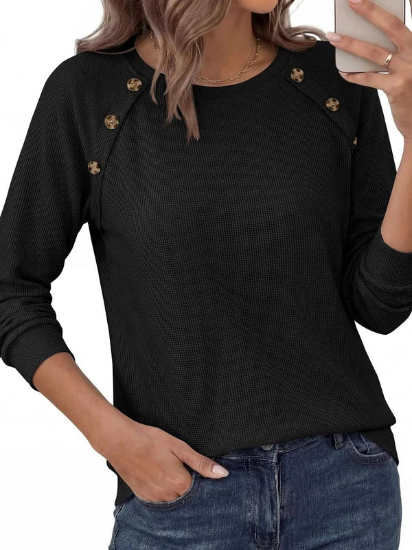 Decorative Button Waffle Knit Long Sleeve T-Shirt 101001761177088 47 Affordable Fashion Under $100 Jerry's Apparel 