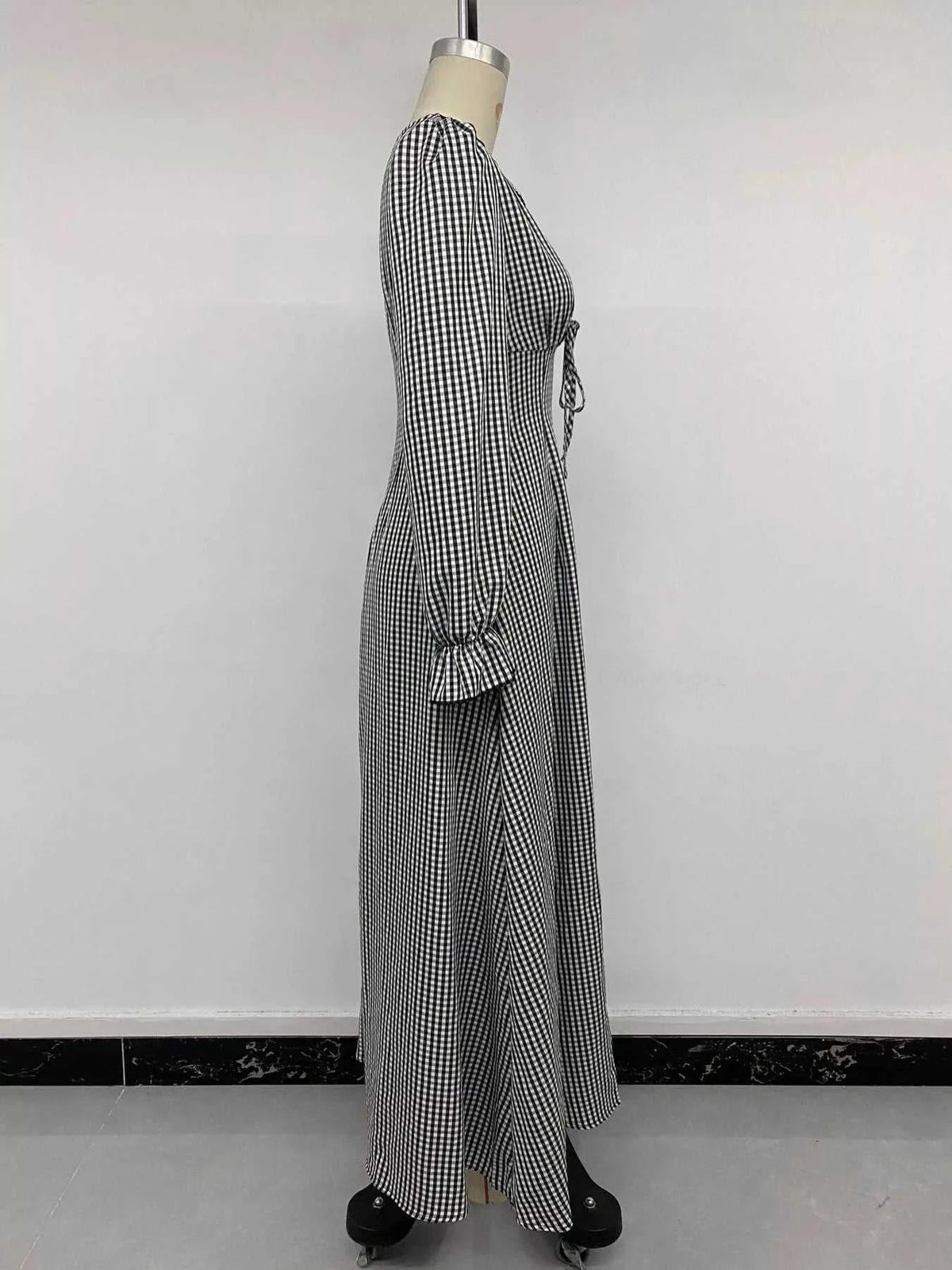 Gingham Lace-Trim V-Neck Long Sleeve A-Line Maxi Dress 101001996406806 52 Affordable Fashion Under $100 Jerry's Apparel 