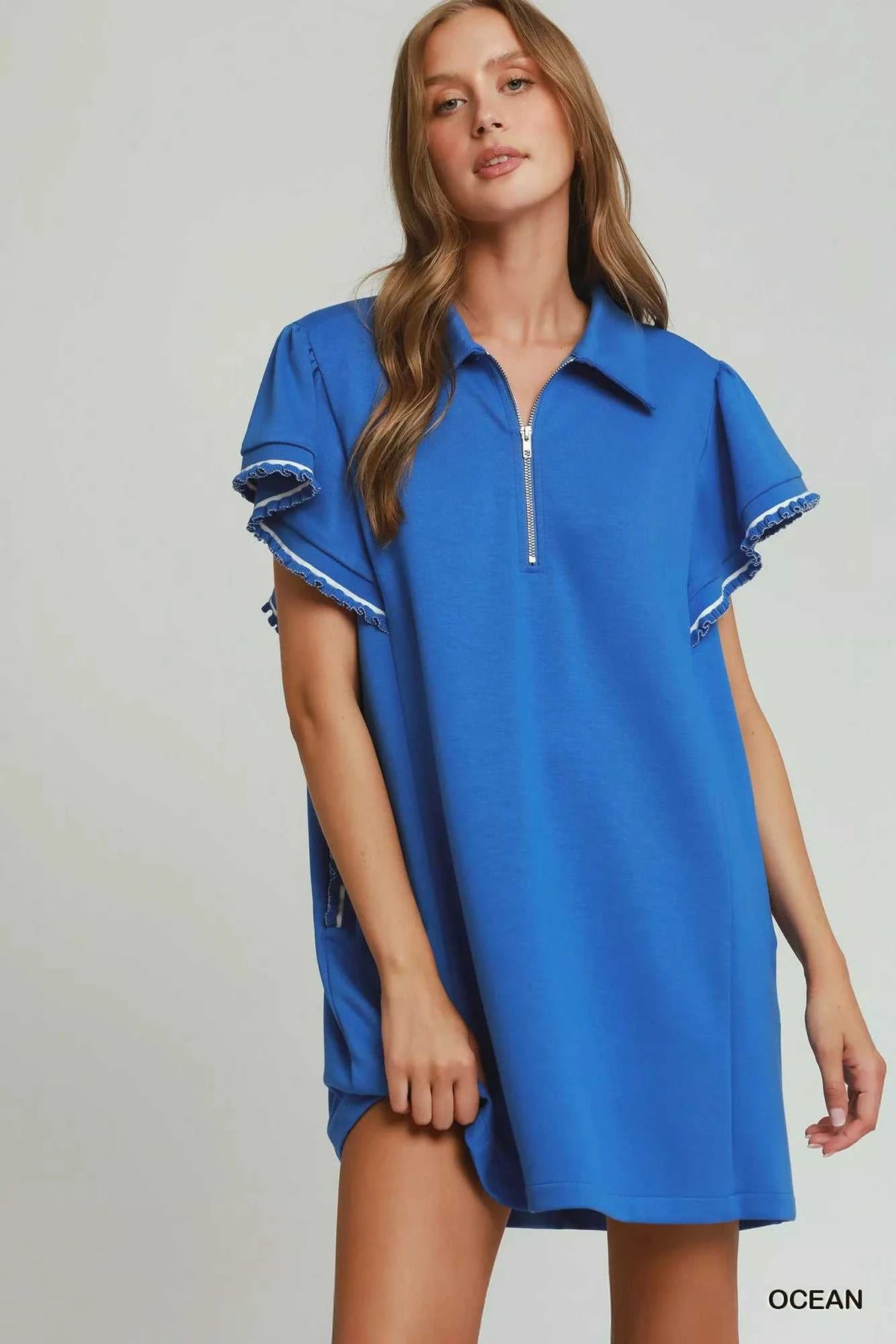 Umgee Half Zip Ruffle Rib Band Butterfy Sleeve Mini Dress with Pockets 100100627121833 53 Affordable Fashion Under $100 Jerry's Apparel 