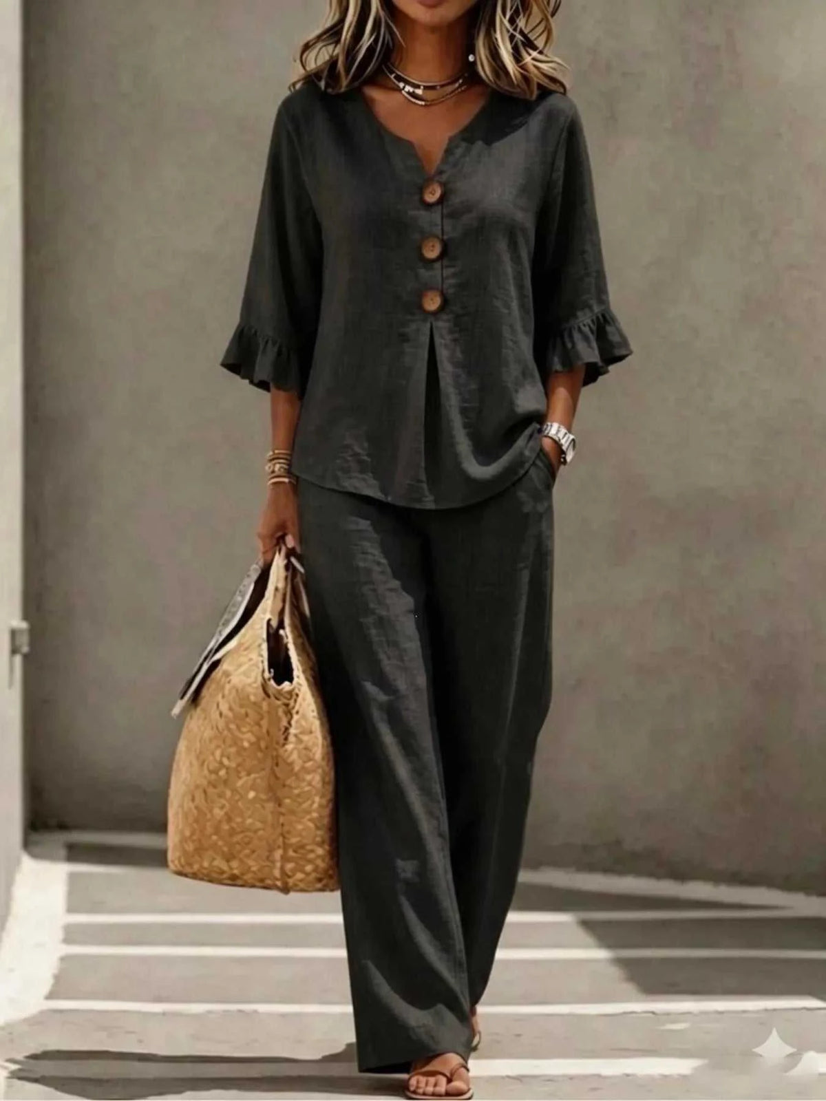 Full Size Decor Button Ruffled Top and Wide-Leg Pants Set Plus Size 100100119714864 38 Affordable Fashion Under $100 Jerry's Apparel 