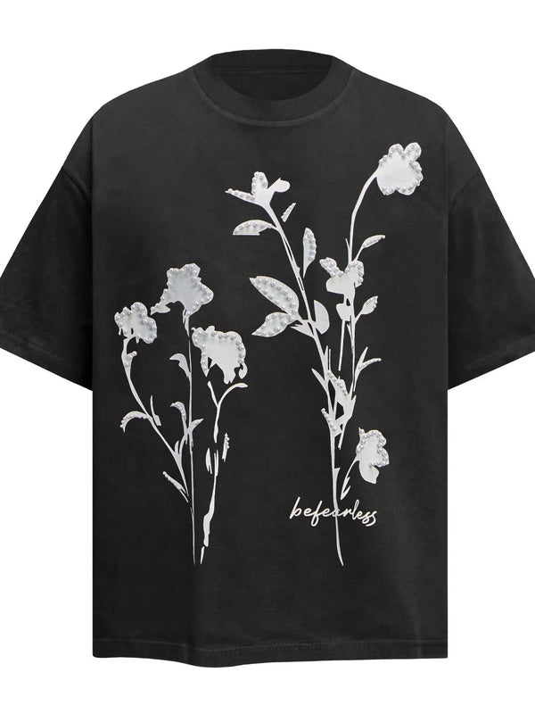 Men's Flower Pearl Detail Oversized Short Sleeve T-Shirt