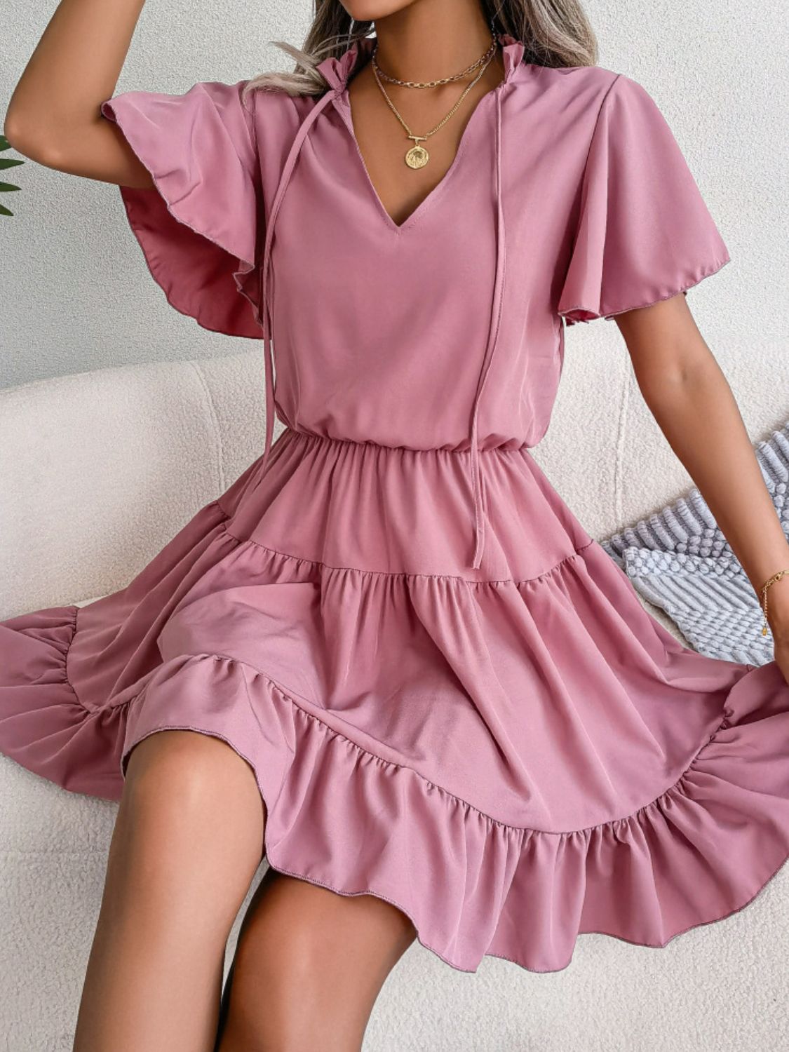 Tie Neck Tiered Flutter Sleeve Mini Dress