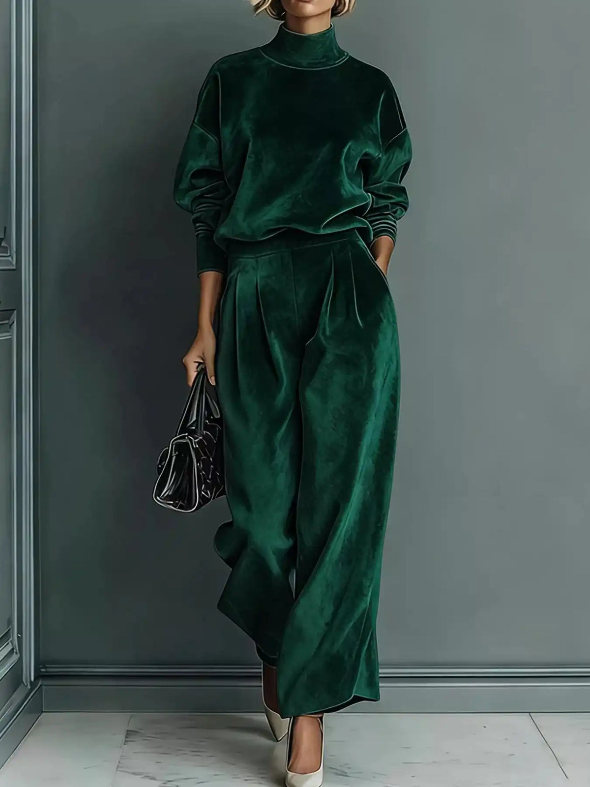 Full Size Elegant Velvet Mock Neck Long Sleeve Top and Wide-Leg Pants Set Plus Size 101001603377263 63 Women's Pants Set Gifts for Her Jerry's Apparel 