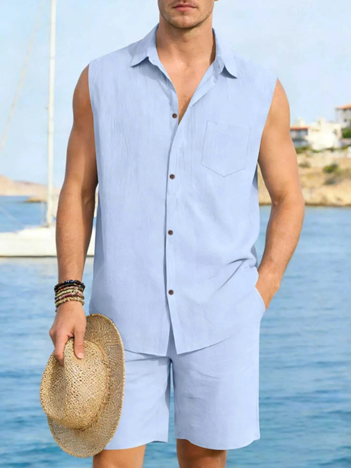 Men's Full Size Button Up Sleeveless Top and Shorts Plus Size 100400363418053 40 Men's Sets Jerry's Apparel 