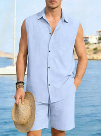 Men's Full Size Button Up Sleeveless Top and Shorts Plus Size 100400363418053 40 Men's Sets Jerry's Apparel 