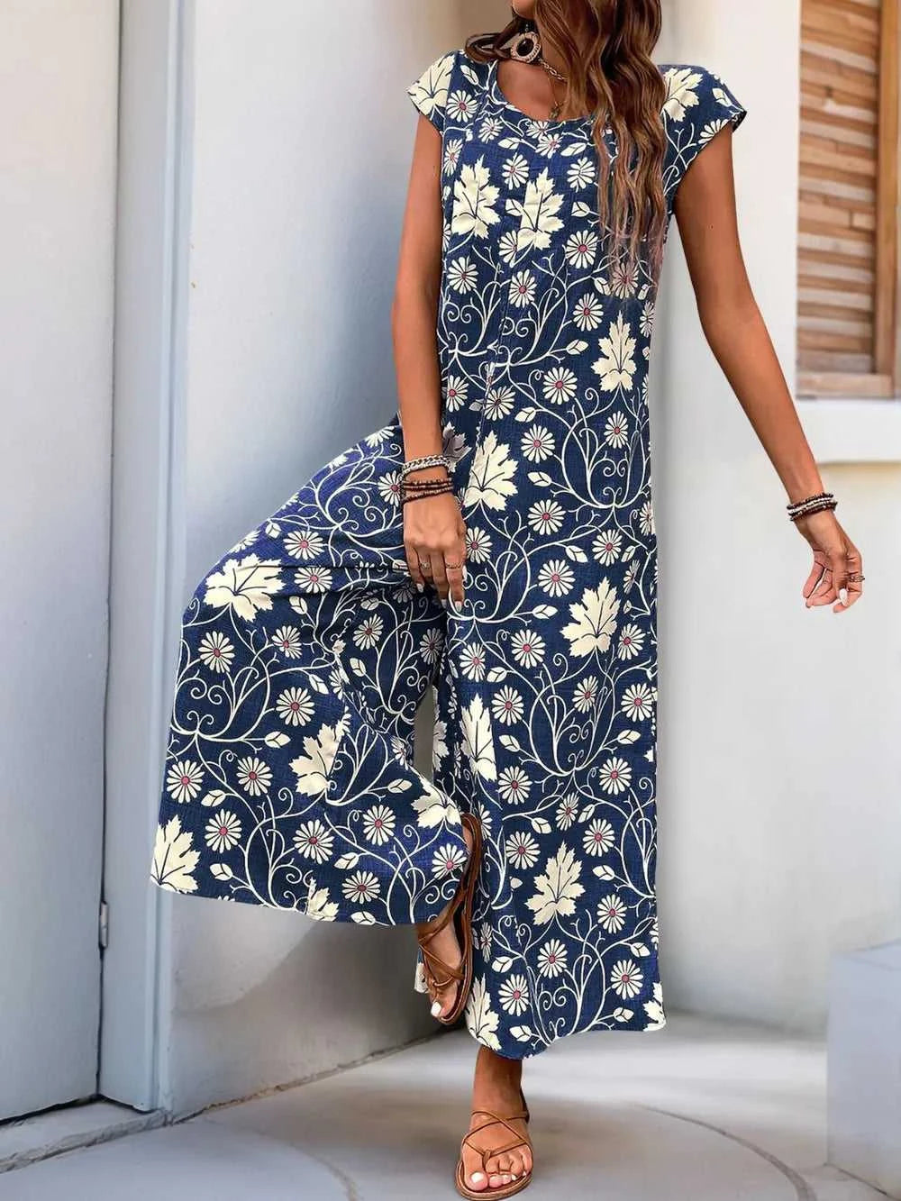 Perfee Printed Round Neck Cap Sleeve Wide Leg Jumpsuit 100100380311019 31 Affordable Fashion Under $100 Jerry's Apparel 