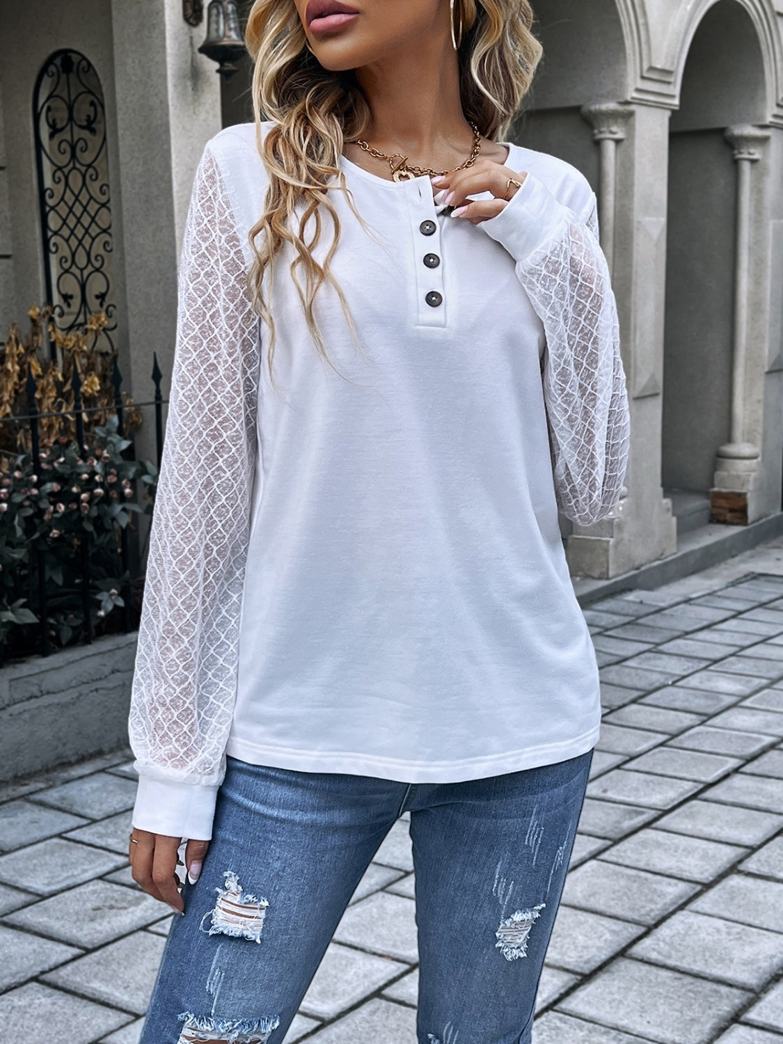 Ivy Lane Quarter Button Round Neck Long Sleeve Blouse