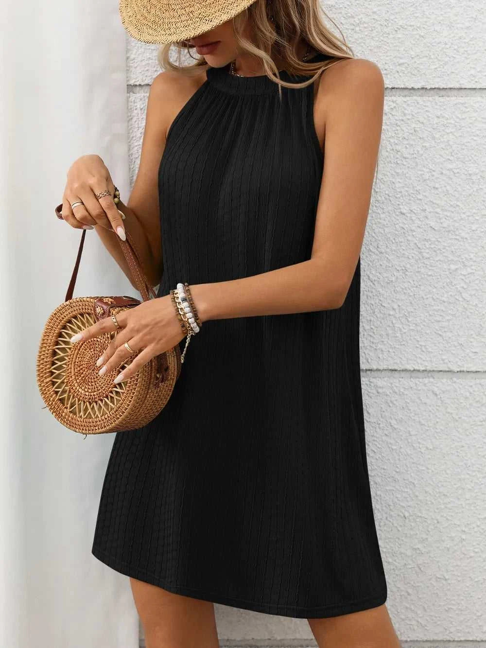 Textured Grecian Neck Mini Dress 100100516101866 24 Affordable Fashion Under $100 Jerry's Apparel 