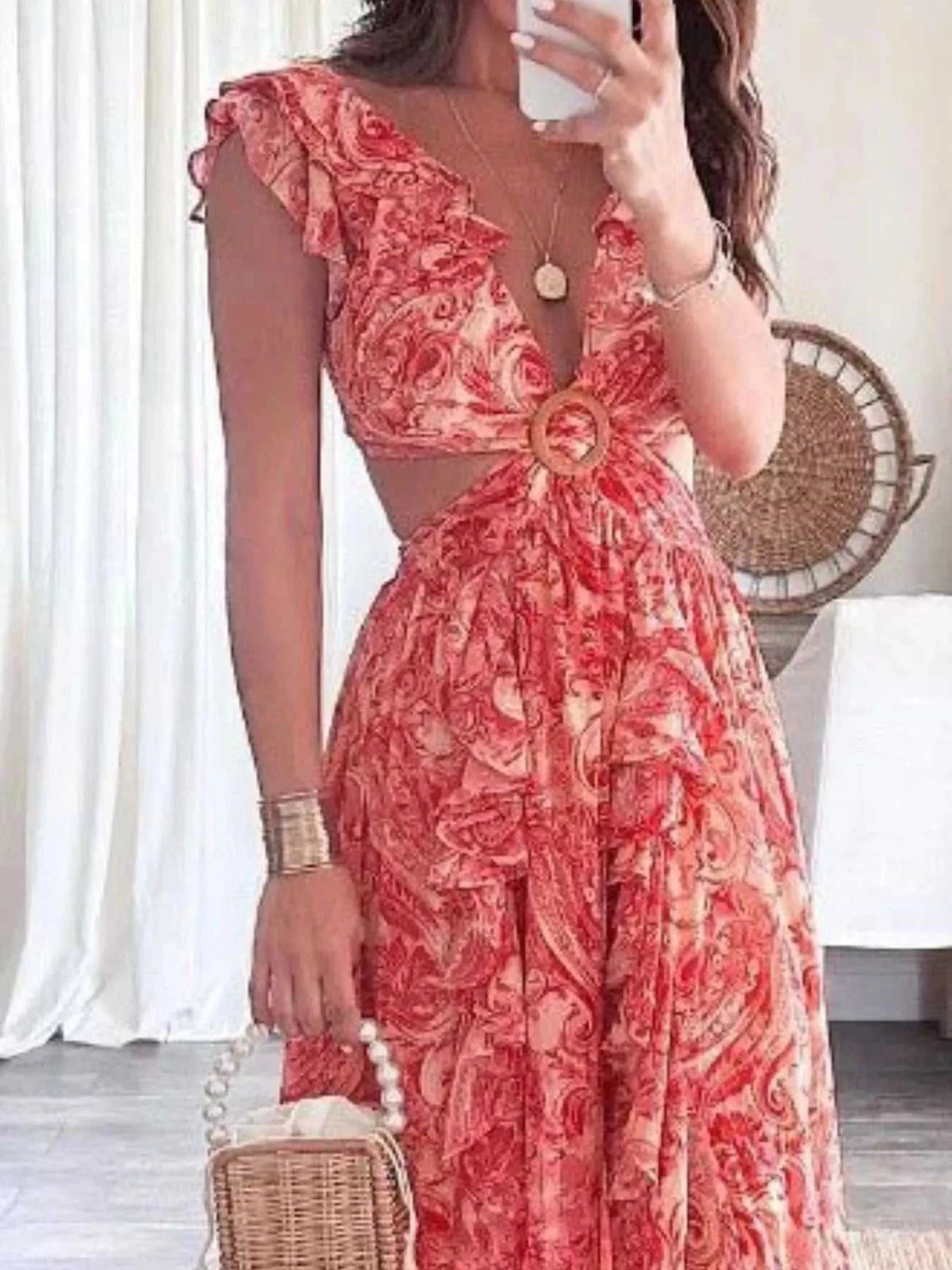 Full Size Ruffled Cutout V-Neck Maxi Dress Plus Size 100100023571871 43 Gifts for Her Jerry's Apparel 