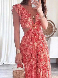 Full Size Ruffled Cutout V-Neck Maxi Dress Plus Size 100100023571871 43 Gifts for Her Jerry's Apparel 