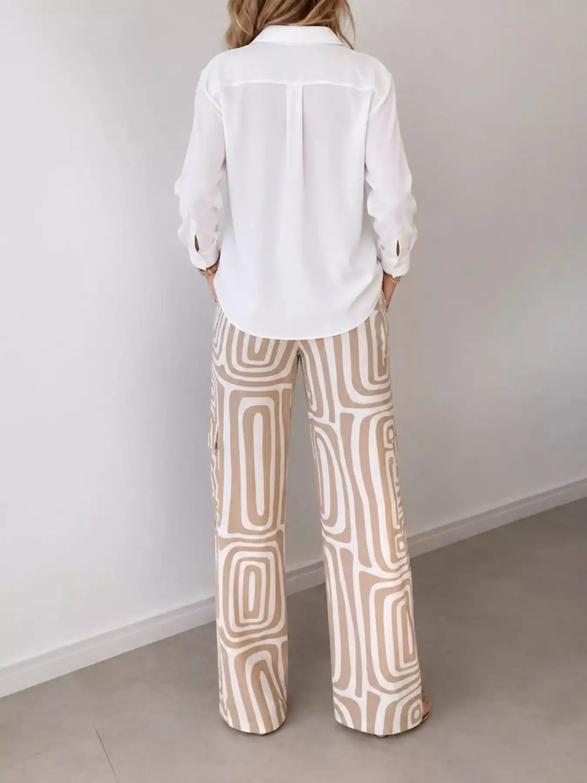 Full Size Chic Button-Down Shirt and Geometric Wide-Leg Pants Set Plus Size 101001328300968 50 Affordable Fashion Under $100 Jerry's Apparel 