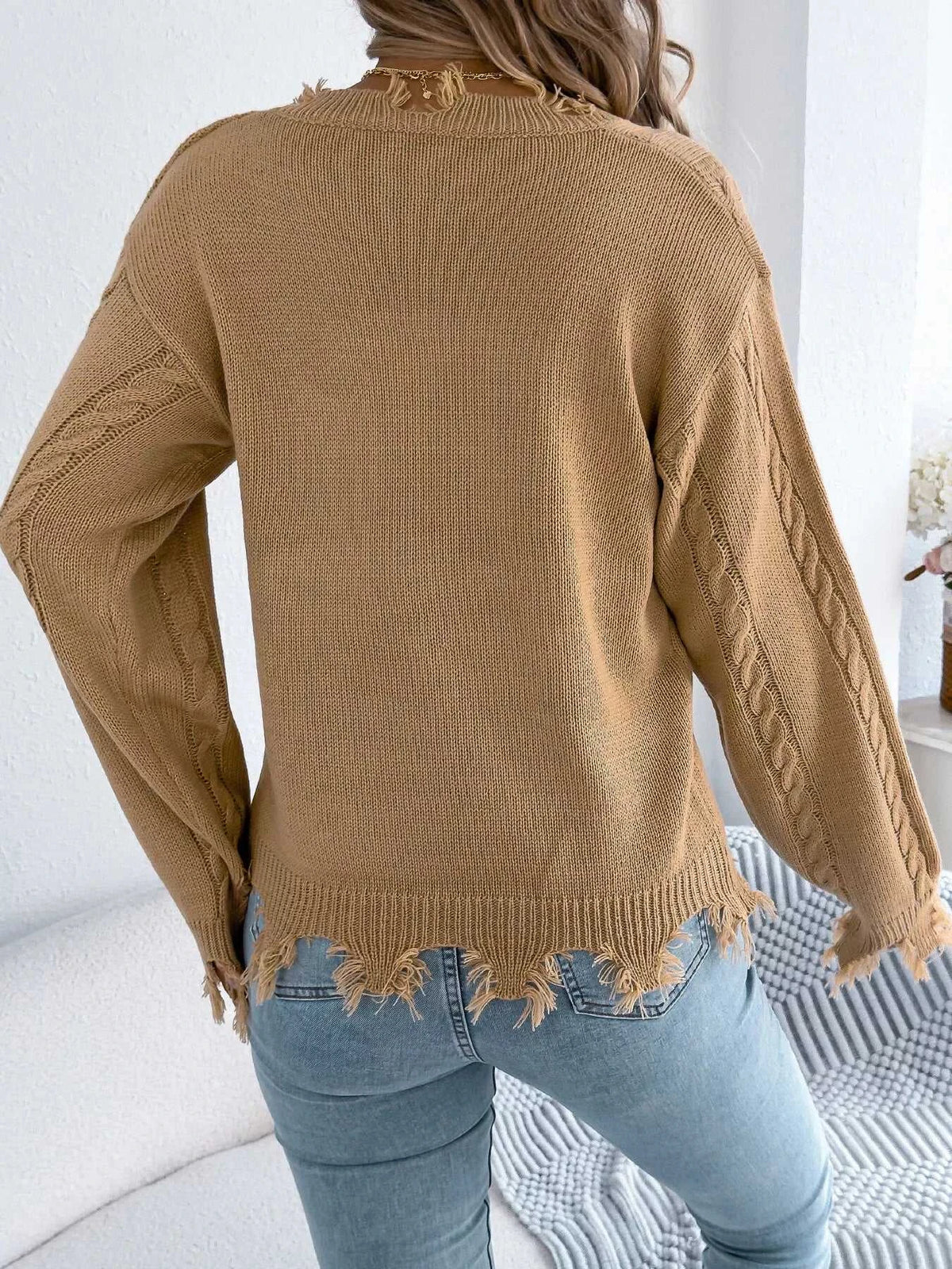 V-Neck Distressed Hem Cable Knit Sweater 101002745879602 36 Affordable Fashion Under $100 Jerry's Apparel 