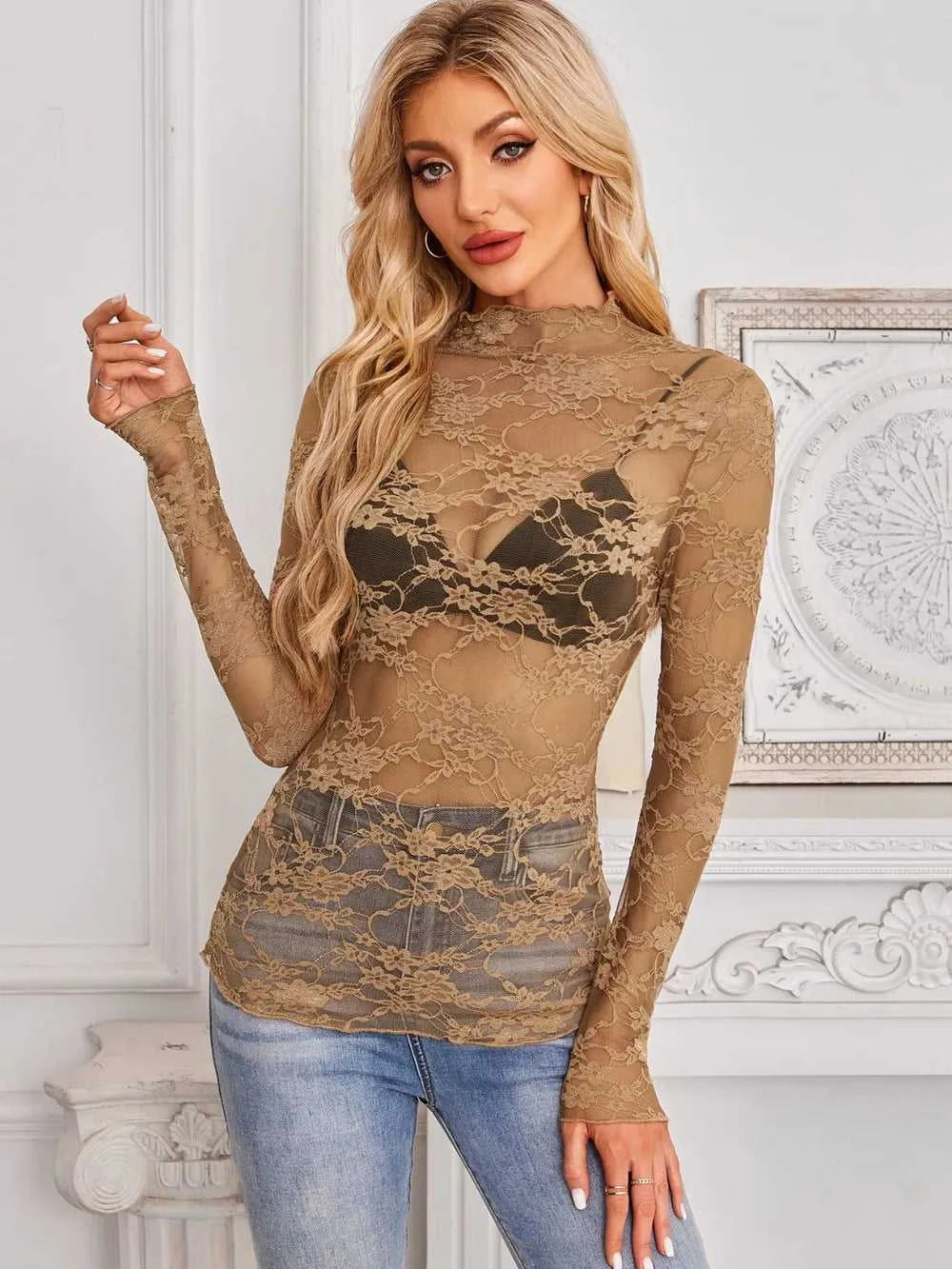 Mock Neck Long Sleeve Lace Sheer Top 100100861526419 16 Affordable Fashion Under $100 Jerry's Apparel 