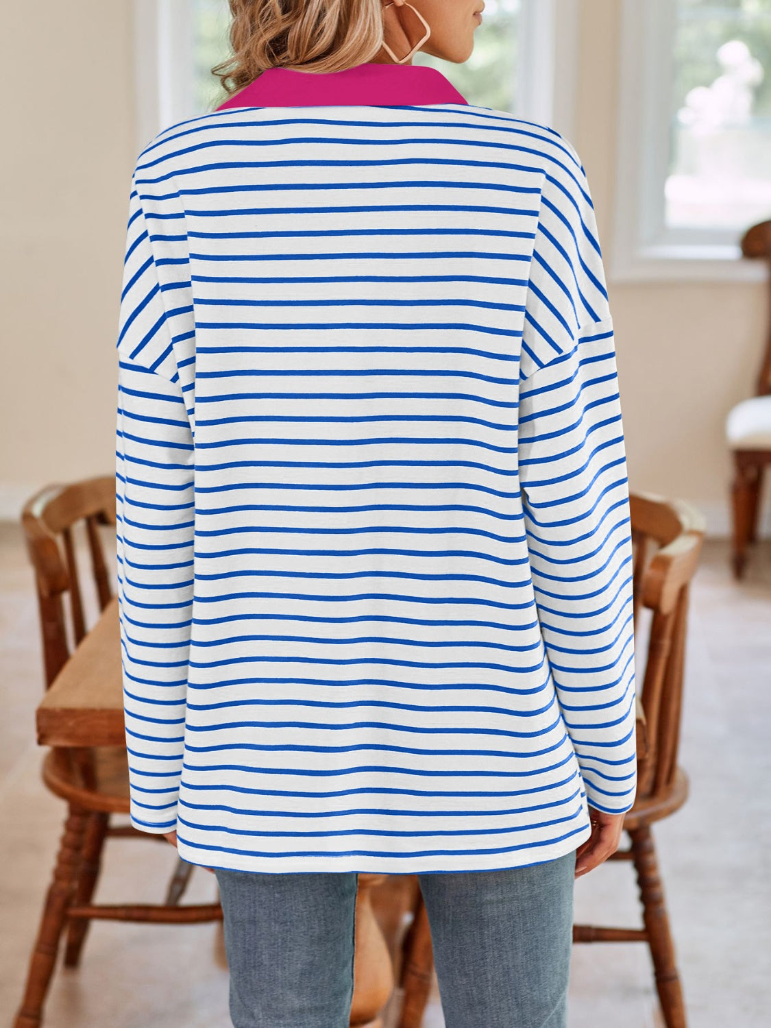 Striped Johnny Collar Long Sleeve T-Shirt