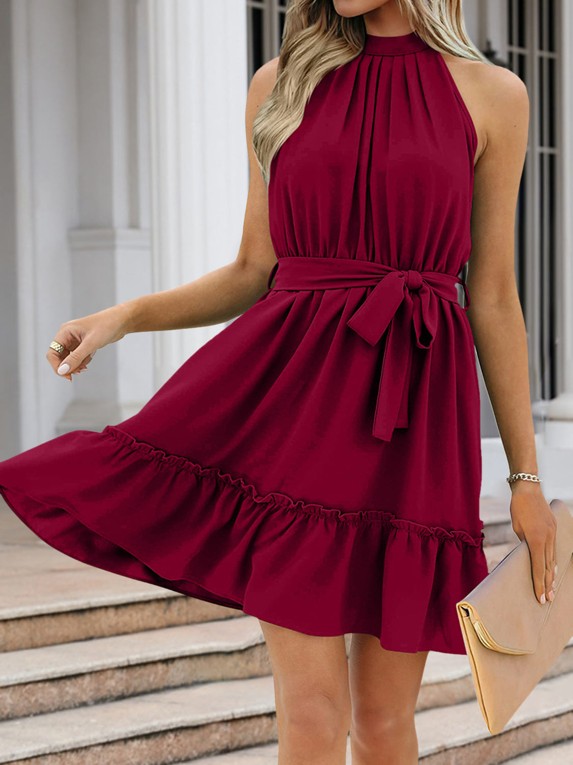 Frill Grecian Neck Tie Waist Mini Dress