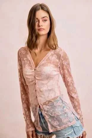 BiBi Bow Pattern Shrried V-neck Mesh Cardigan Top 100100638301325 44 Affordable Fashion Under $100 Jerry's Apparel 