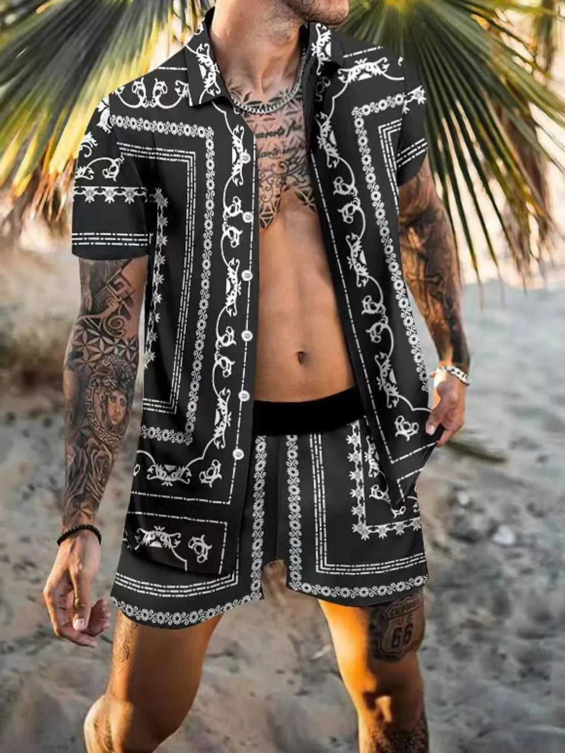 Men's Full Size Printed Collared Neck Short Sleeve Top and Shorts Set Plus Size 100400971731723 36 Affordable Fashion Under $100 Jerry's Apparel 