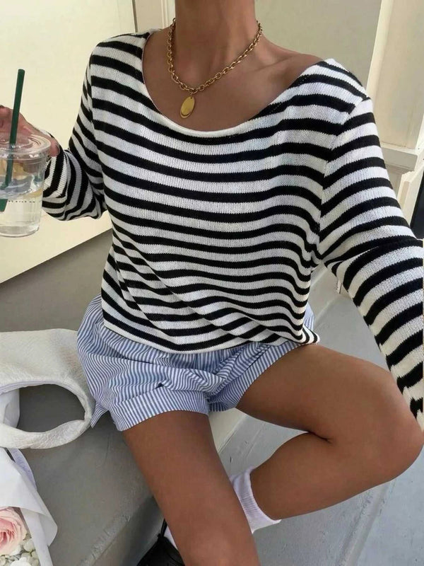 Boat Neck Striped Long Sleeve T-Shirt 101001508251886 40 Jerry's Apparel 