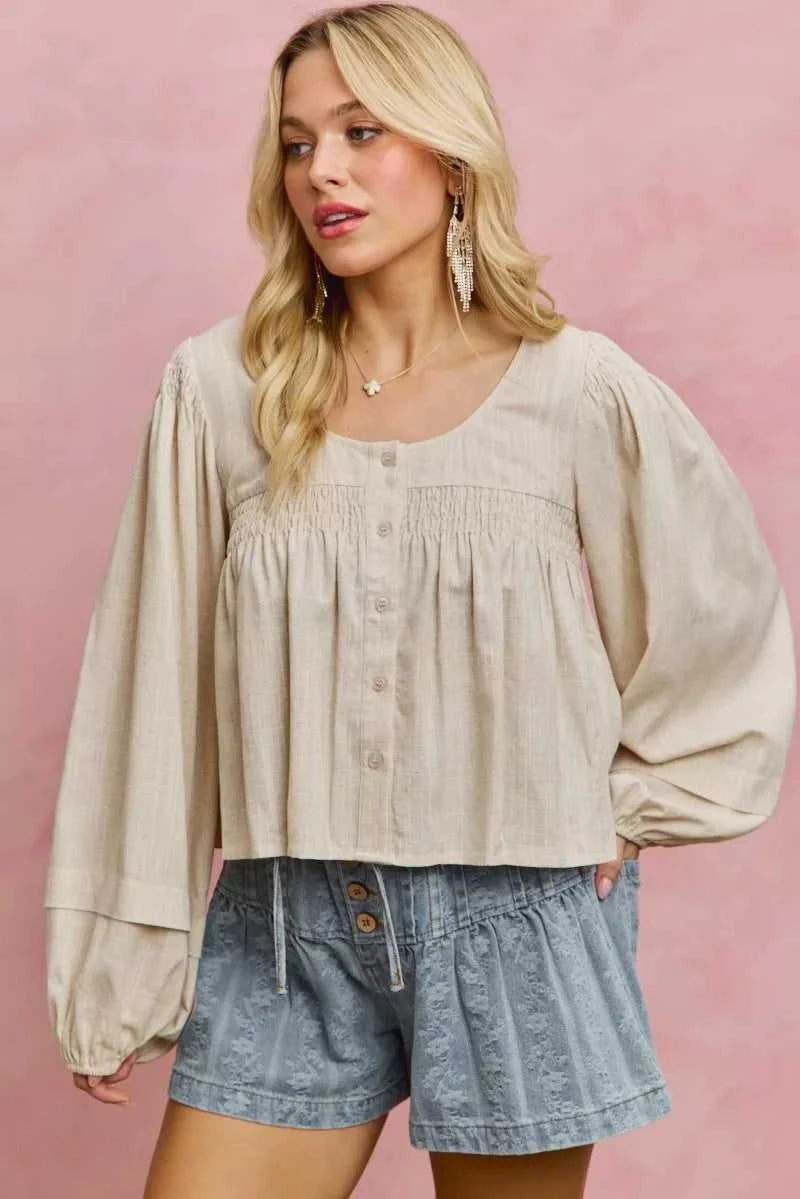 SO ME Linen Blend Woven Long Sleeve With Smocking Top 100100082081653 47 Gifts for Her Jerry's Apparel 