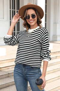 Angel Wings Striped Round Neck Dropped Shoulder Sweater