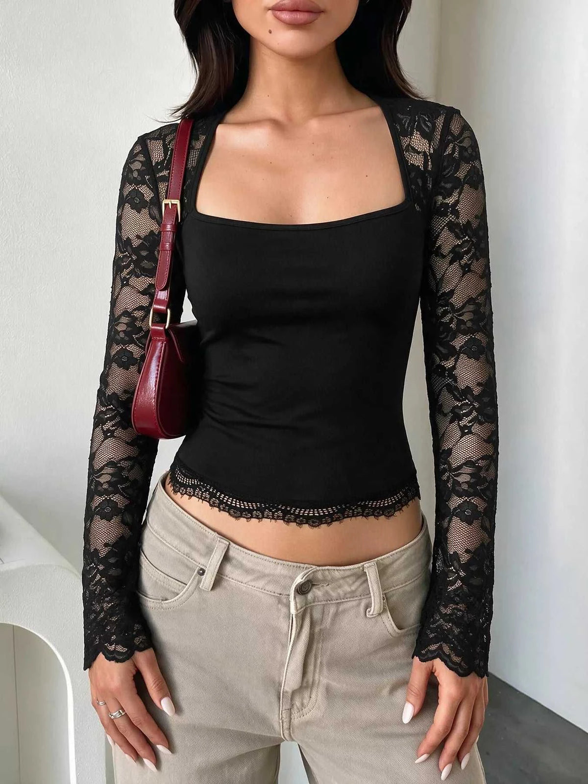 Lace Sleeve Square Neck Top 100100211394789 35 Affordable Fashion Under $100 Jerry's Apparel 