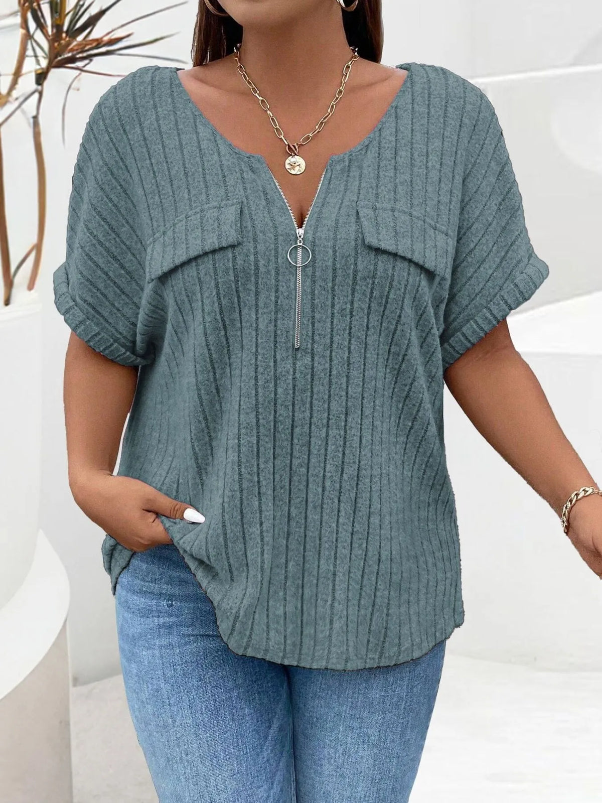 Plus Size Ribbed Half Zip Relaxed Fit T-Shirt