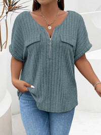 Plus Size Ribbed Half Zip Relaxed Fit T-Shirt