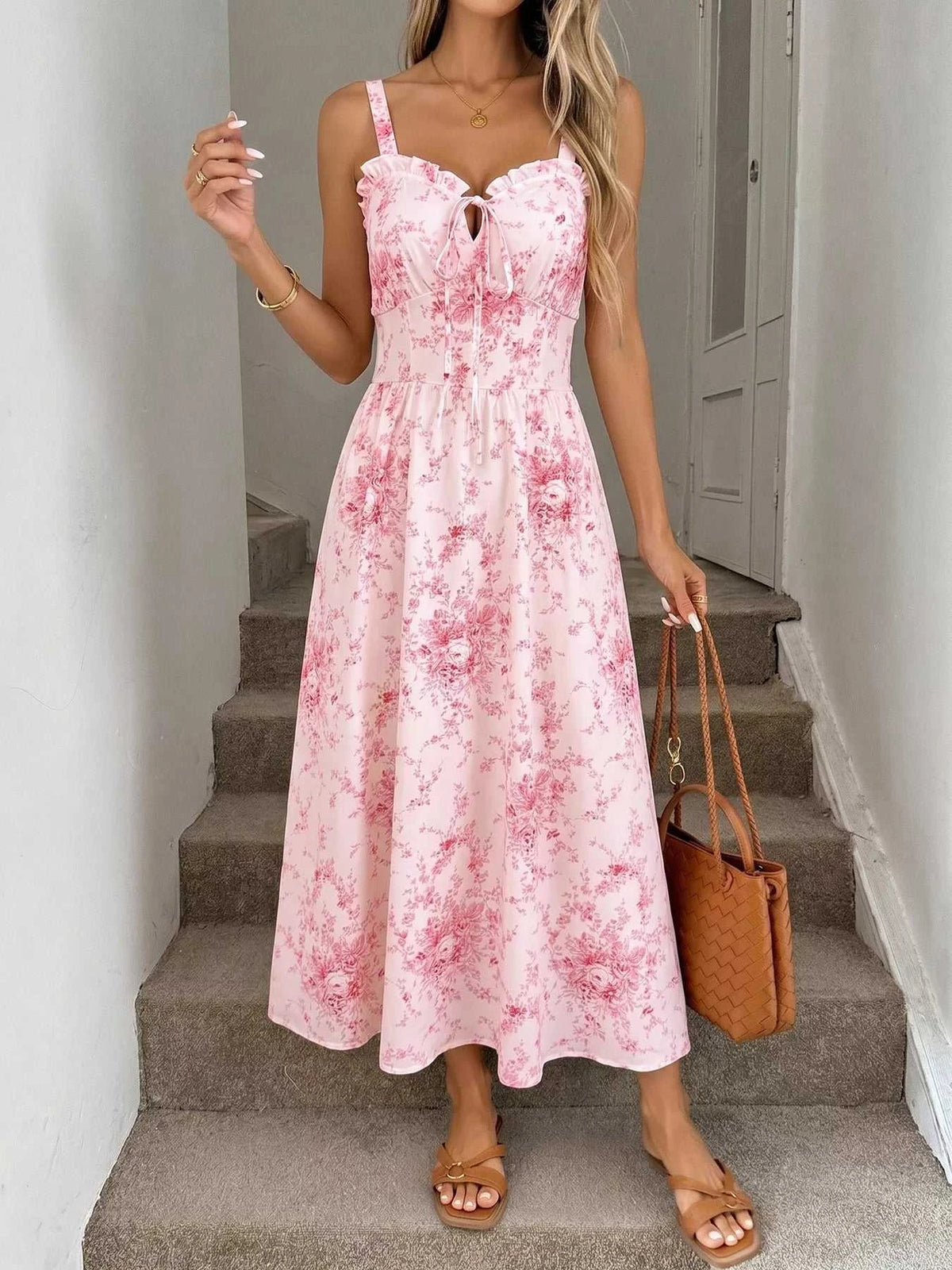 Floral Print Frill Trim Cami Dress 100100490304212 34 Women's Midi Dress Affordable Fashion Under $100 Jerry's Apparel 