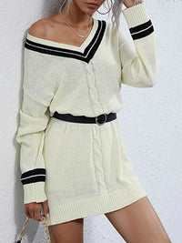 V-Neck Striped Trim Cable Knit Sweater Dress 100100385204687 52 Affordable Fashion Under $100 Jerry's Apparel 
