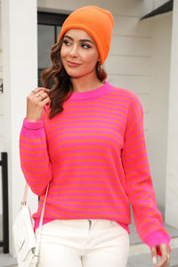 Angel Wings Striped Round Neck Dropped Shoulder Sweater