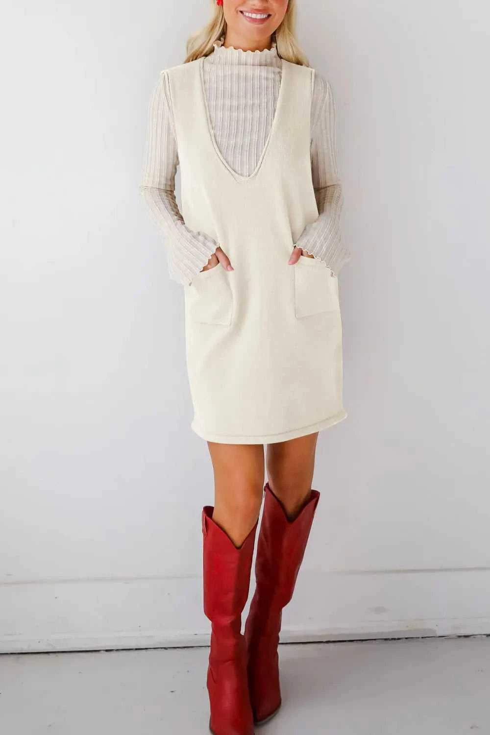 Lovelet Pocketed V-Neck Mini Sweater Overall Dress 100100741662145 42 Affordable Fashion Under $100 Jerry's Apparel 