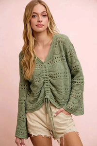 BiBi Pointelle Knit V Neck Ruched Front Lightweight Top 100100962711230 42 Affordable Fashion Under $100 Jerry's Apparel 