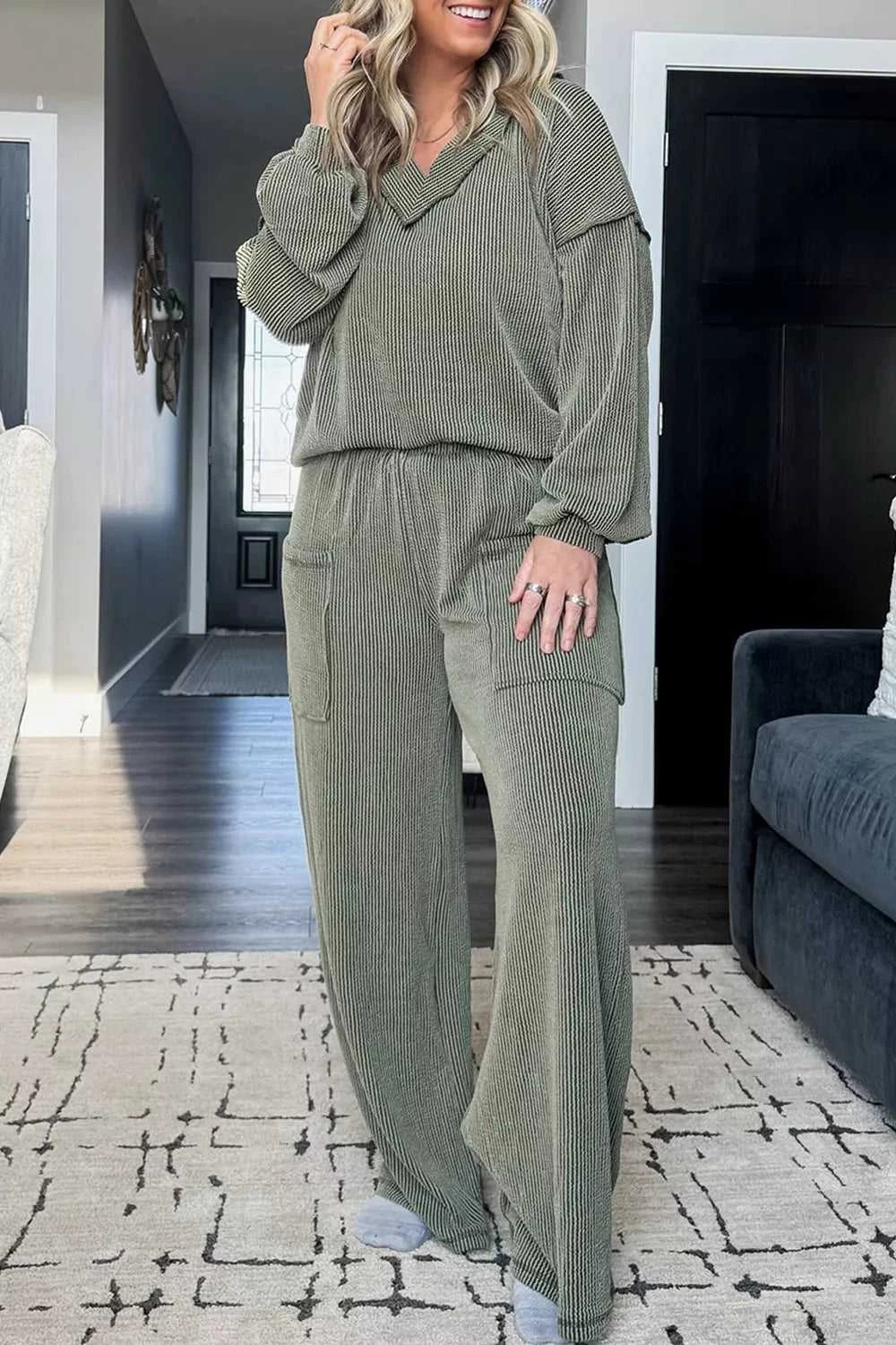 Plus Size Twisted Ribbed Exposed Seam Detail V Neck Top and Pants Set 101004453932387 74 Affordable Fashion Under $100 Jerry's Apparel 