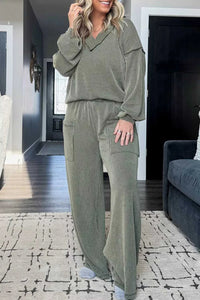 Plus Size Twisted Ribbed Exposed Seam Detail V Neck Top and Pants Set 101004453932387 74 Affordable Fashion Under $100 Jerry's Apparel 