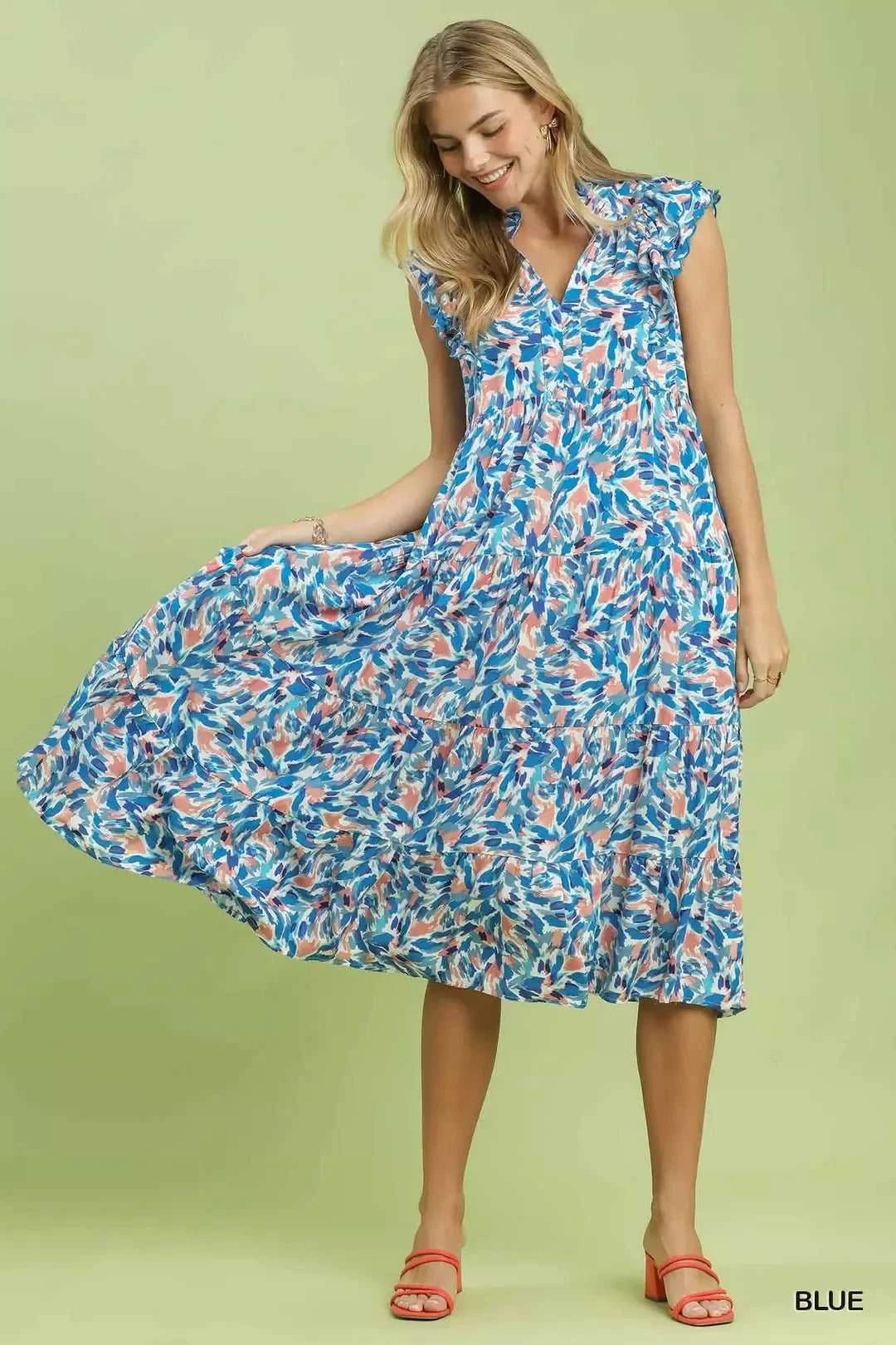 Umgee Leaf Print Midi Tiered Dress with Side Pockets 100100625941436 64 Affordable Fashion Under $100 Jerry's Apparel 