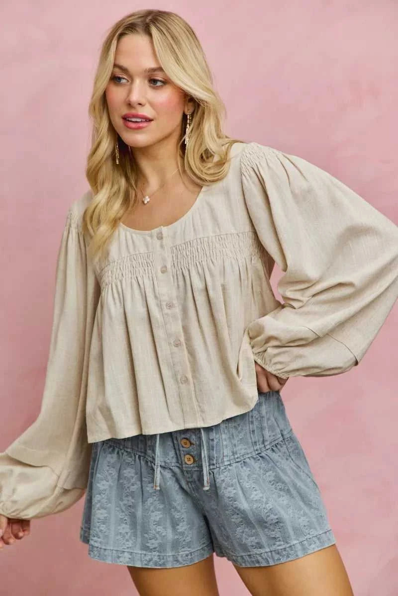 SO ME Linen Blend Woven Long Sleeve With Smocking Top 100100082081653 47 Gifts for Her Jerry's Apparel 