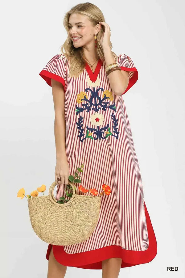 Umgee Floral Embroidered Stripe Dress with Side Slits 100100674571373 62 Affordable Fashion Under $100 Jerry's Apparel 